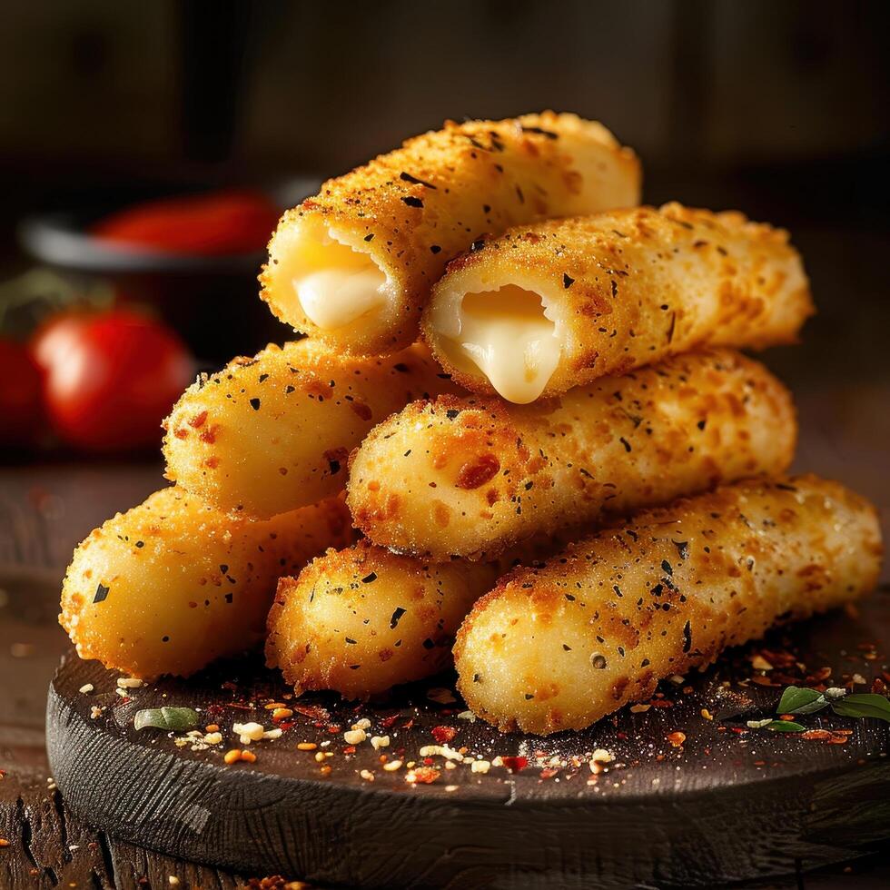 Crispy, golden brown mozzarella cheese sticks with melted cheese inside. Delicious appetizer for your next party. photo