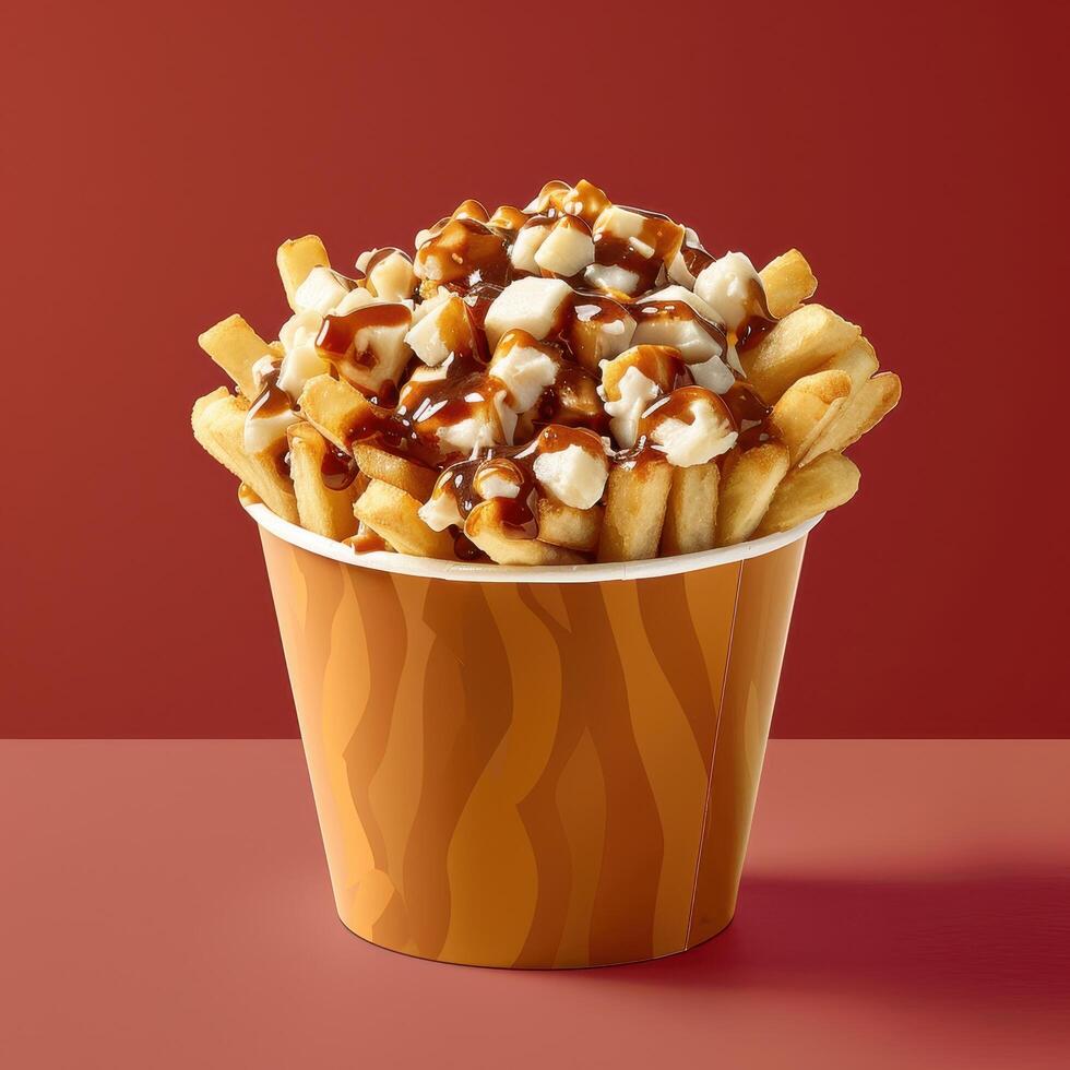 Canadian Poutine with French Fries, Cheese Curds and Gravy in a paper cup. Traditional Fast Food, Comfort Food and Canadian Cuisine photo