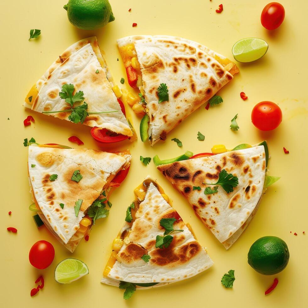 Delicious cheesy quesadillas with vegetables served with lime and tomatoes. Flat lay food photo for menu or recipe.