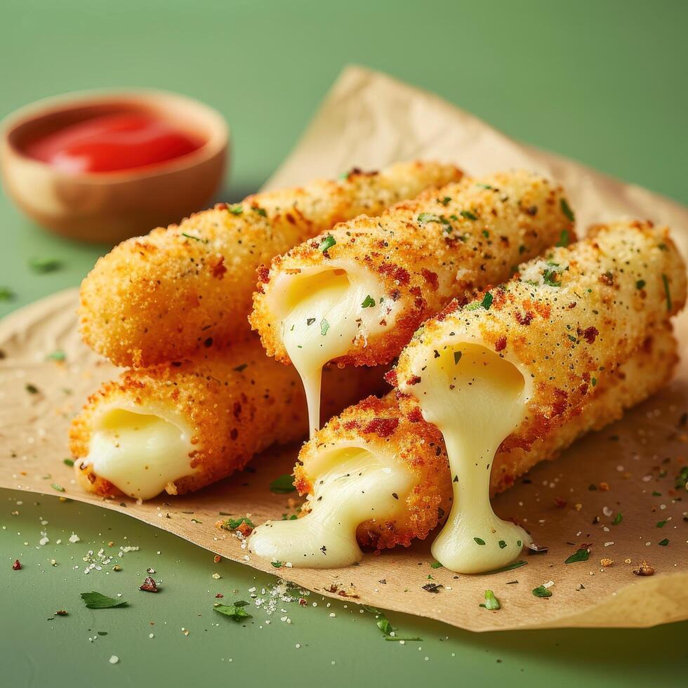 Close up of cheese sticks with gooey melted cheese, bread crumbs, and tomato sauce, on parchment paper. Appetizer, snack, junk food. photo