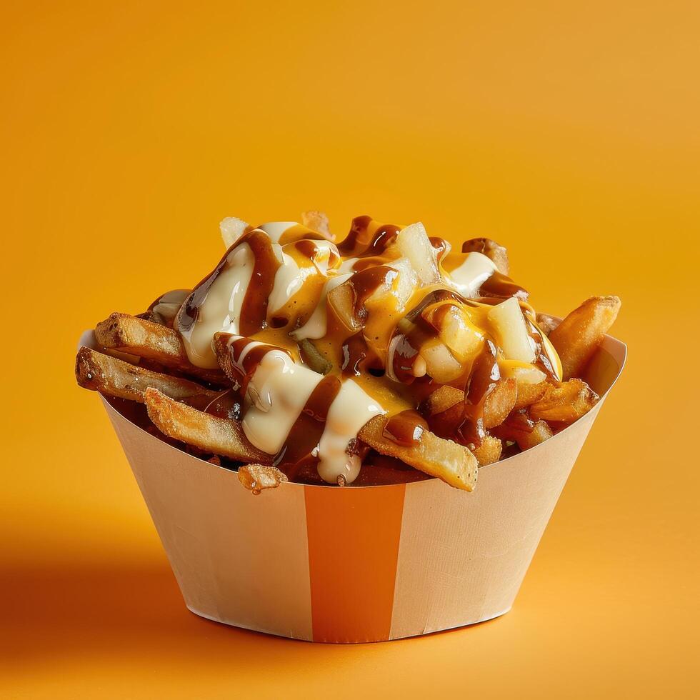 Poutine with cheese curds, gravy, and fries in a paper cup, a popular Canadian dish. Close up shot of delicious food on a yellow background. photo