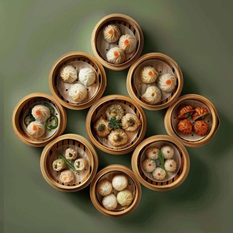 Assortment of delicious dim sum dumplings in bamboo steamers. Chinese cuisine, Asian food, restaurant, menu, appetizer, tasty, fresh, colorful photo