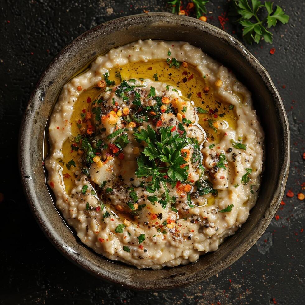 Delicious creamy baba ghanoush with parsley and olive oil. Traditional Middle Eastern eggplant dip. photo