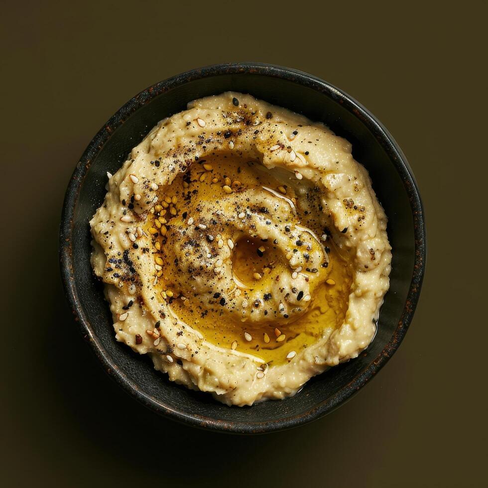 Close up of creamy hummus in black bowl topped with olive oil and sesame seeds. Healthy Middle Eastern food and appetizer concept. photo