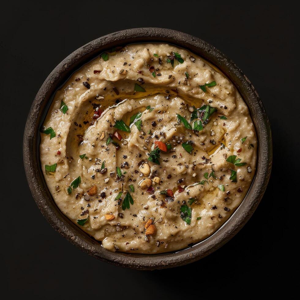 Closeup of a bowl of delicious baba ghanoush, a Middle Eastern eggplant dip, with olive oil and herbs. photo
