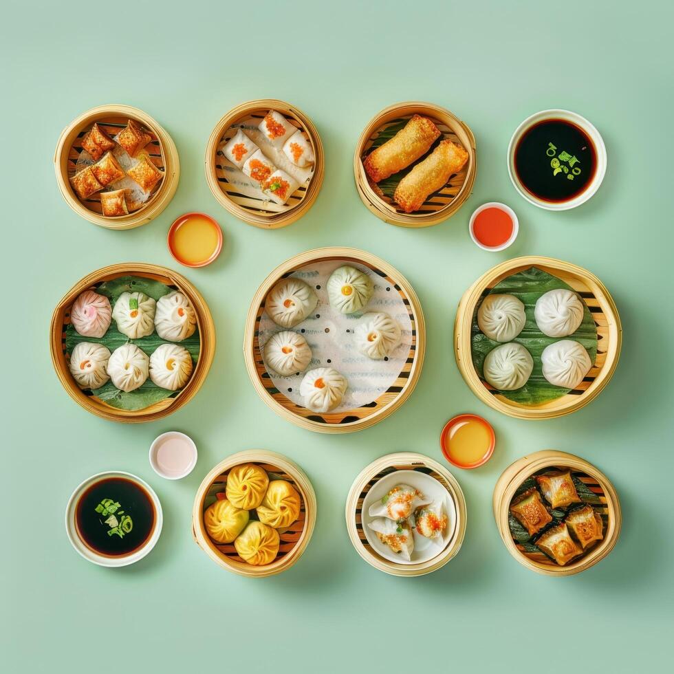 Assortment of Delicious Chinese Dim Sum Dishes in Bamboo Steamers with Dipping Sauces on a Green Background photo