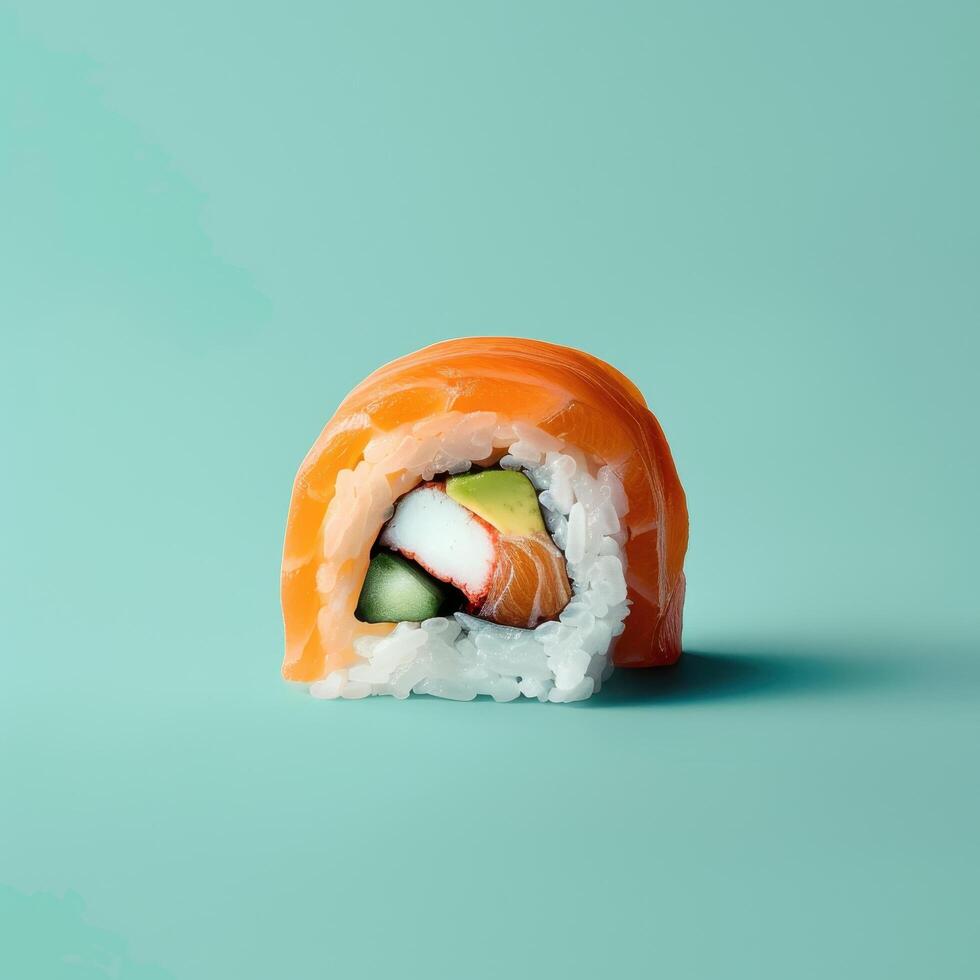 Delicious Salmon Sushi Roll with Avocado, Crab and Cucumber. Closeup Photo of Fresh Sushi on Turquoise Background