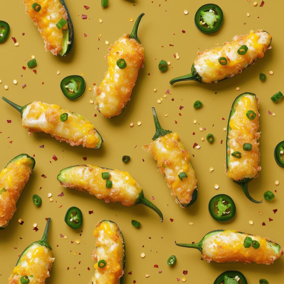 Close up of cheesy jalapeno poppers arranged on a yellow background. Appetizer of fried jalapeno peppers filled with cheese and topped with chives. Spicy, delicious food. photo