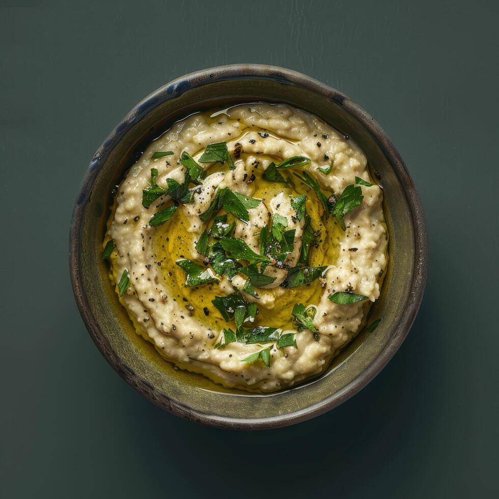 Close up of creamy hummus with parsley and olive oil in a bowl on a green background. photo