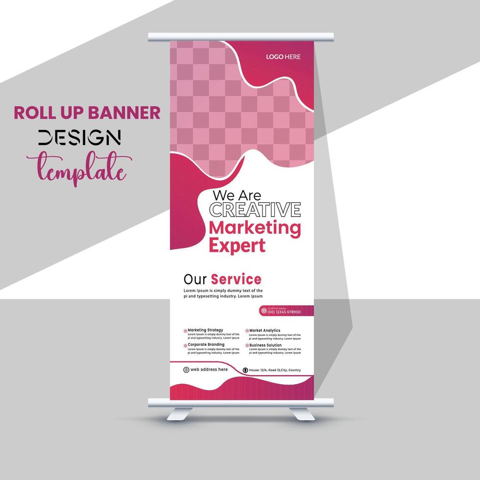 Modern Roll Up Banner With Red Ribbon Design vector