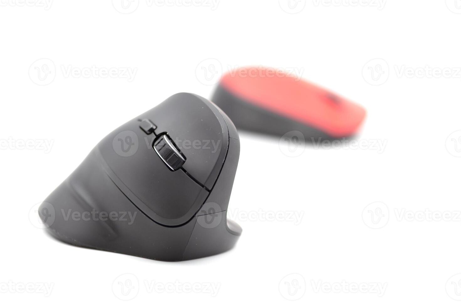 Vertical black and horizontal red computer mouse on a white background against each other. Horizontal. Background. Template. Photo in high quality