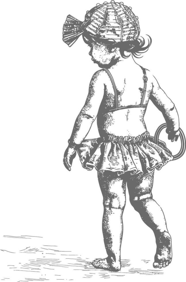 little girl walking with swim ring and swim cap with engraving style black color only vector