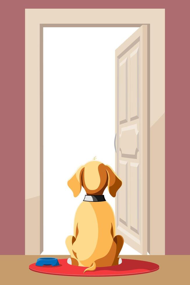 pet dog sitting with from the back and waiting for its owner flat cartoon illustration isolated on white background vector