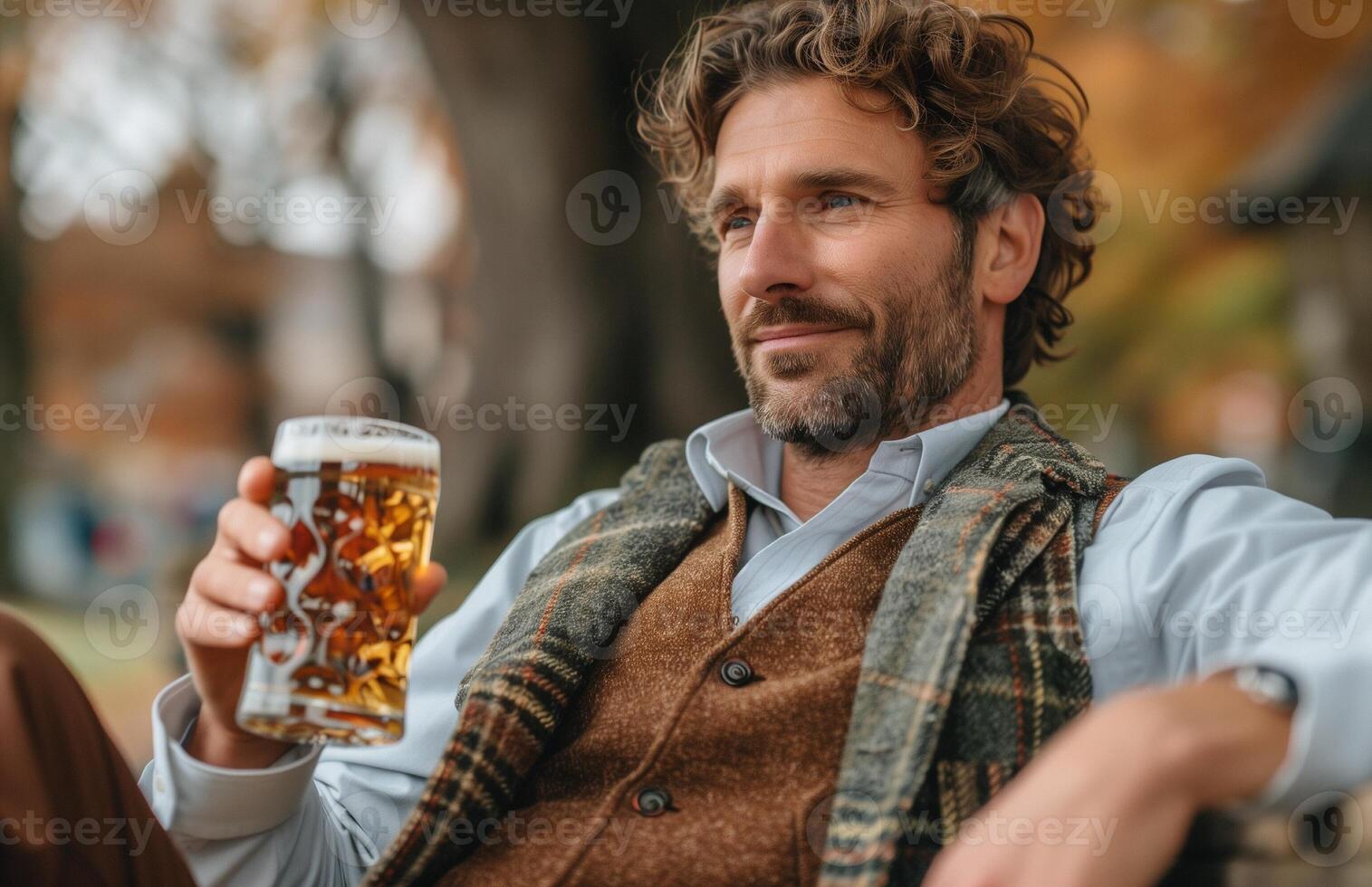Handsome man in traditional Bavarian attire drinking beer from a large glass while sitting on a bench photo