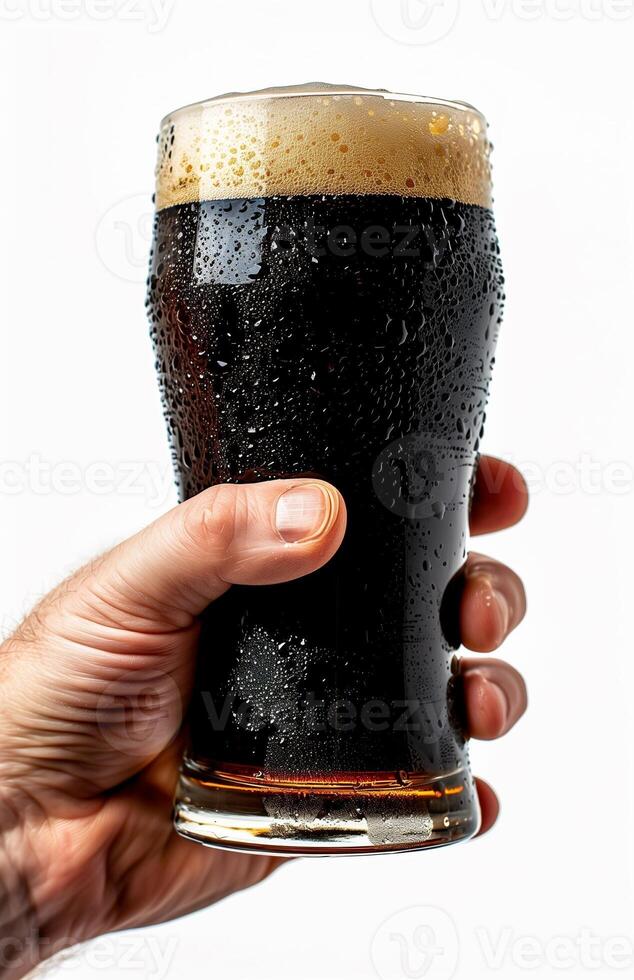 Close up of a man's hand holding a glass with dark beer isolated on a white background photo
