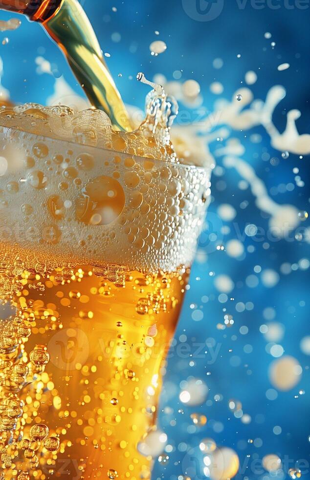 Pouring a glass of golden beer, creating a frothy head, ready to be enjoyed photo