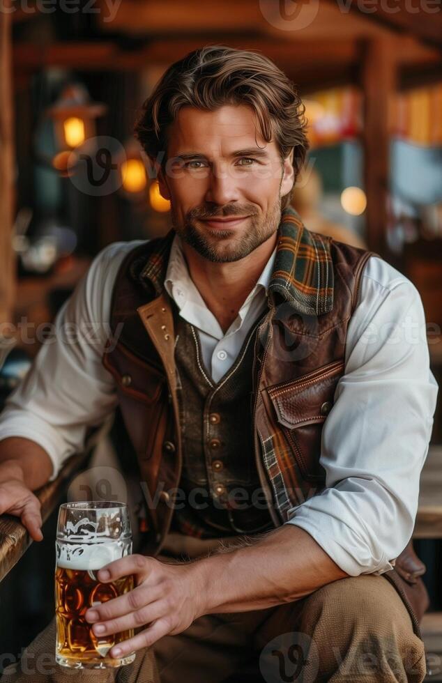 Handsome man in traditional Bavarian attire drinking beer from a large glass while sitting on a bench photo