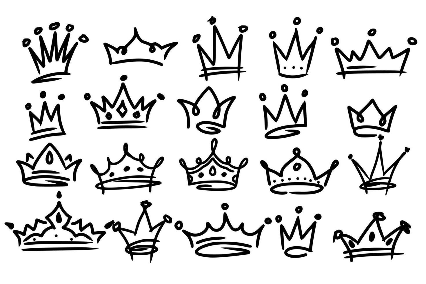 Sketch crown. Simple graffiti crowning, elegant queen or king crowns hand drawn. Royal imperial coronation symbols, monarch majestic jewel tiara isolated icons illustration set vector