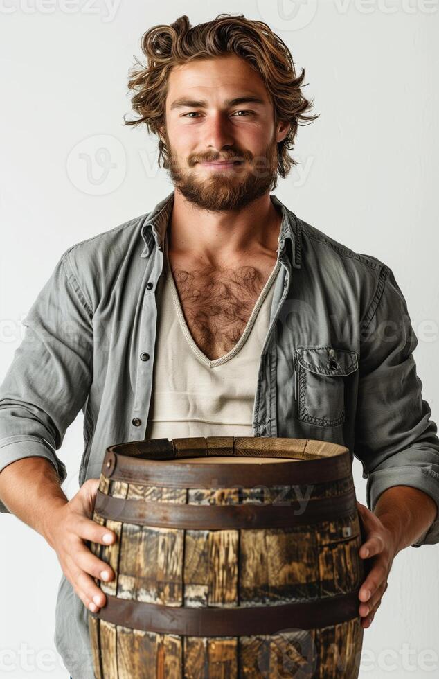 A man holds a wooden barrel against a white background, emphasizing simplicity and contrast photo
