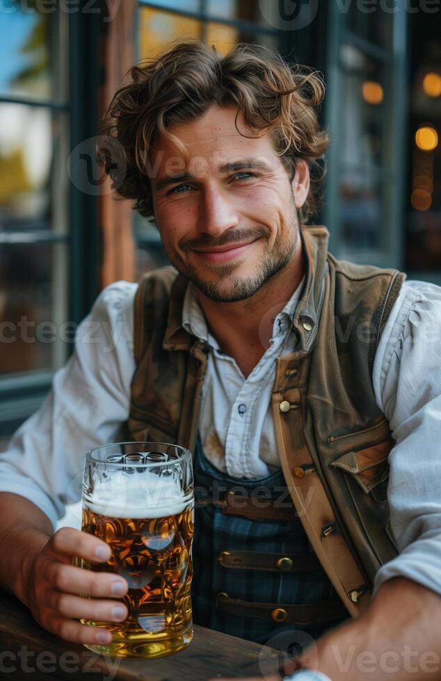Handsome man in traditional Bavarian attire drinking beer from a large glass while sitting on a bench photo
