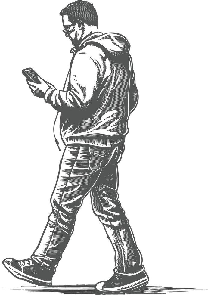 man walking while playing on smartphone full body with engraving style black color only vector