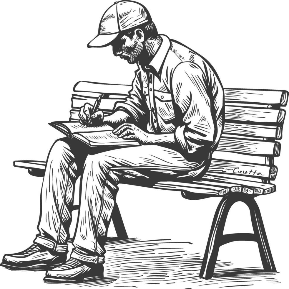 man writing on the book sitting on the park bench with engraving style black color only vector