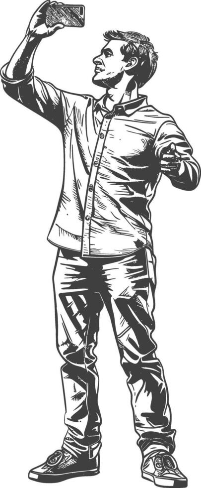 man taking selfie photo on smartphone with poses with engraving style black color only vector