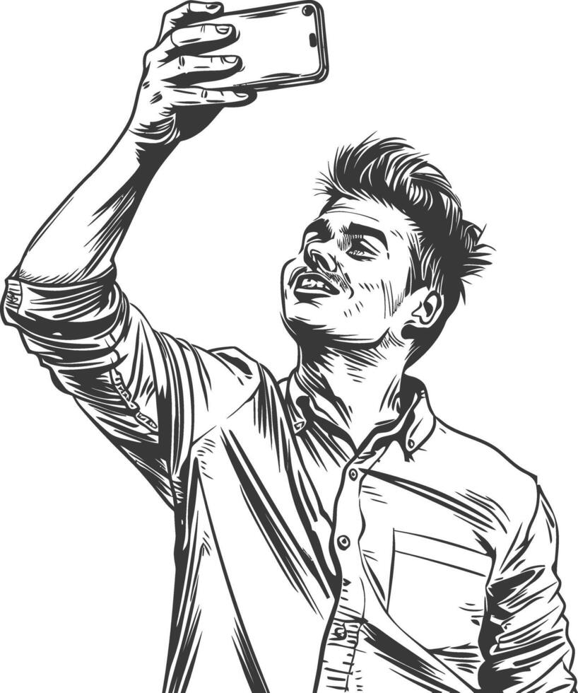 man taking selfie photo on smartphone with poses with engraving style black color only vector