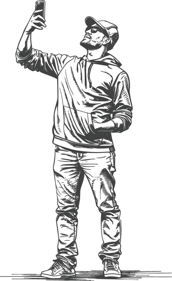 man taking selfie photo on smartphone with poses with engraving style black color only vector