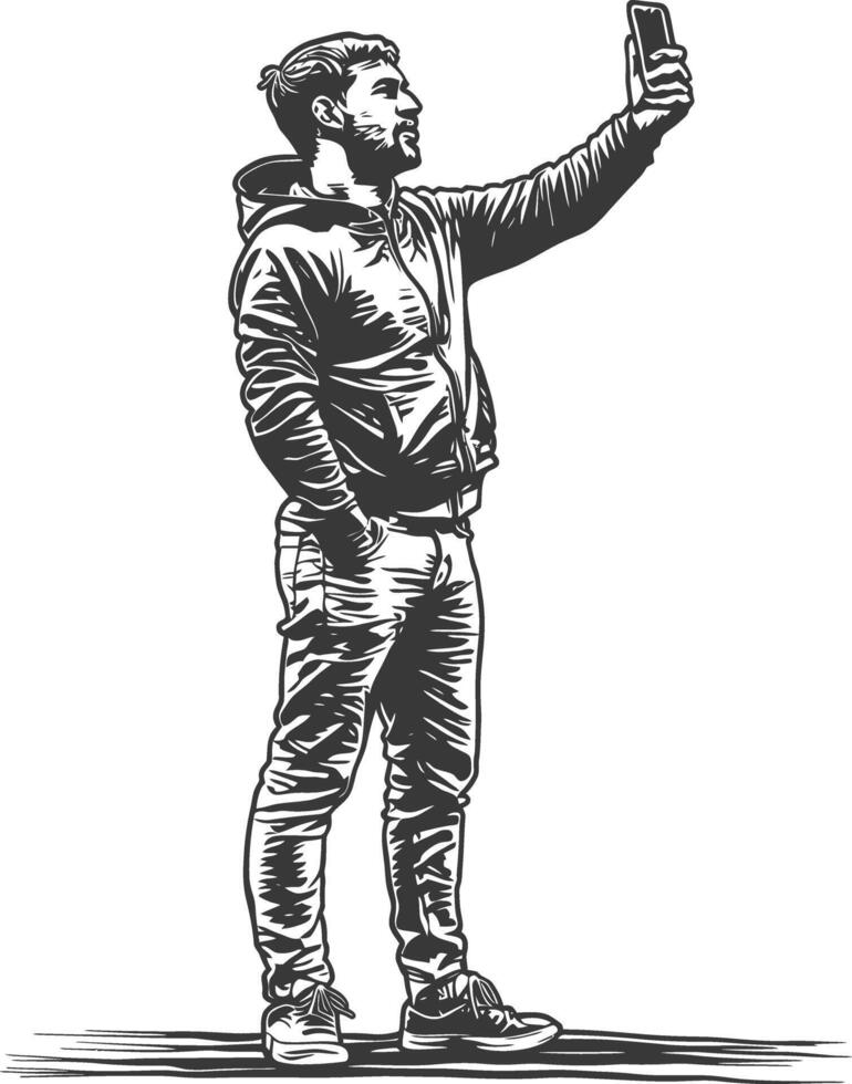 man taking selfie photo on smartphone with poses with engraving style black color only vector
