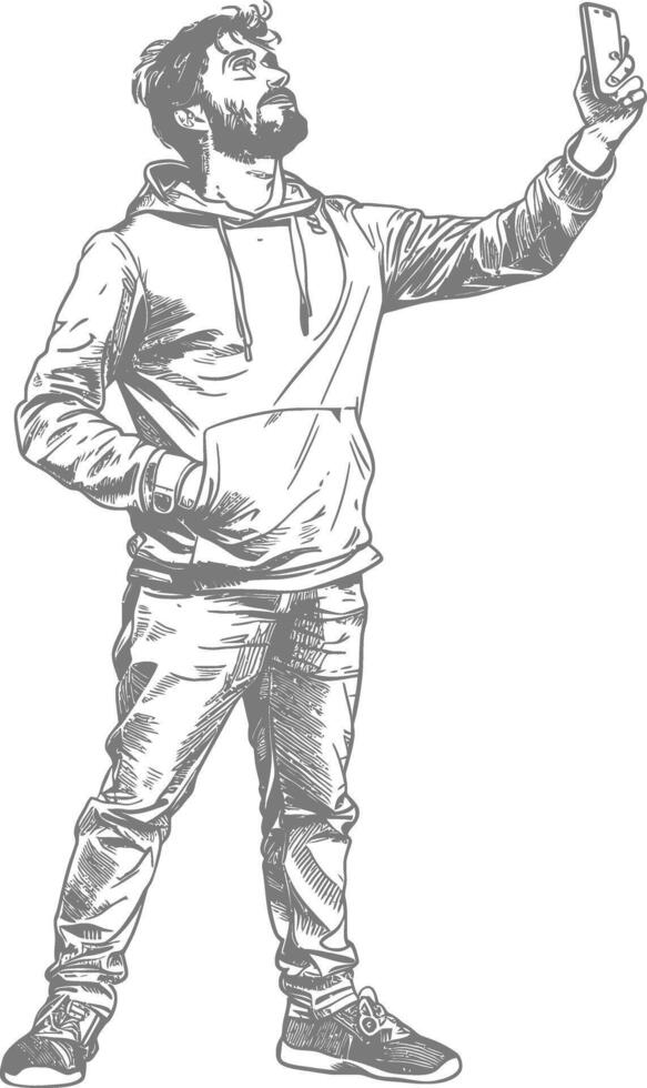 man taking selfie photo on smartphone with poses with engraving style black color only vector