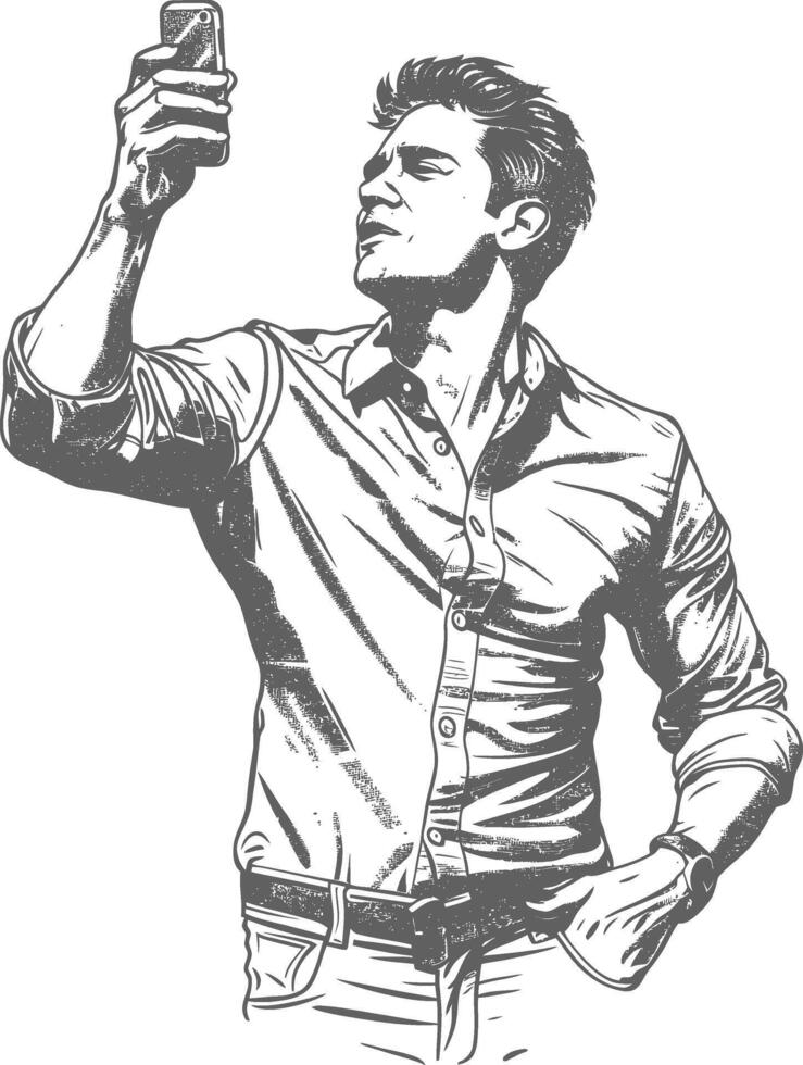 man taking selfie photo on smartphone with poses with engraving style black color only vector