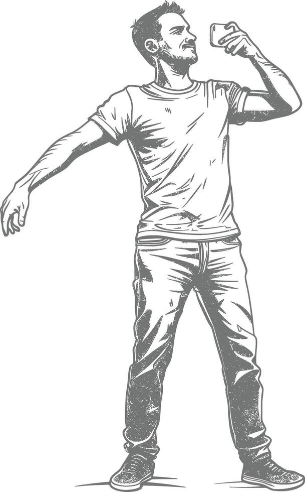 man taking selfie photo on smartphone with poses with engraving style black color only vector