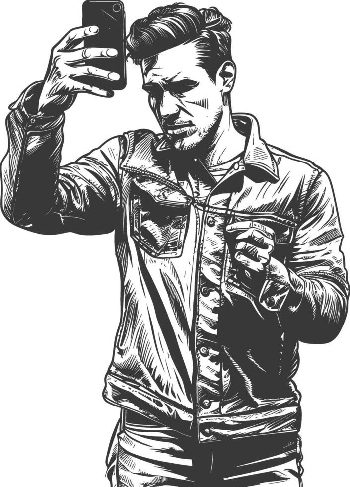 man taking selfie photo on smartphone with poses with engraving style black color only vector