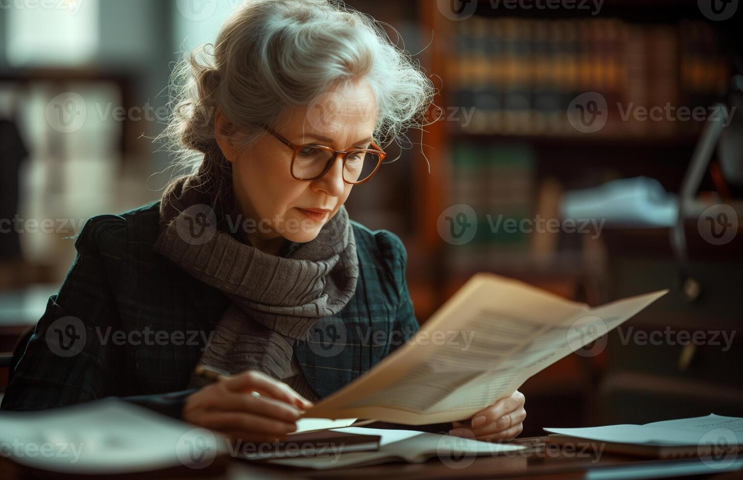 Middle aged female financial manager reviewing documents at her office desk. photo