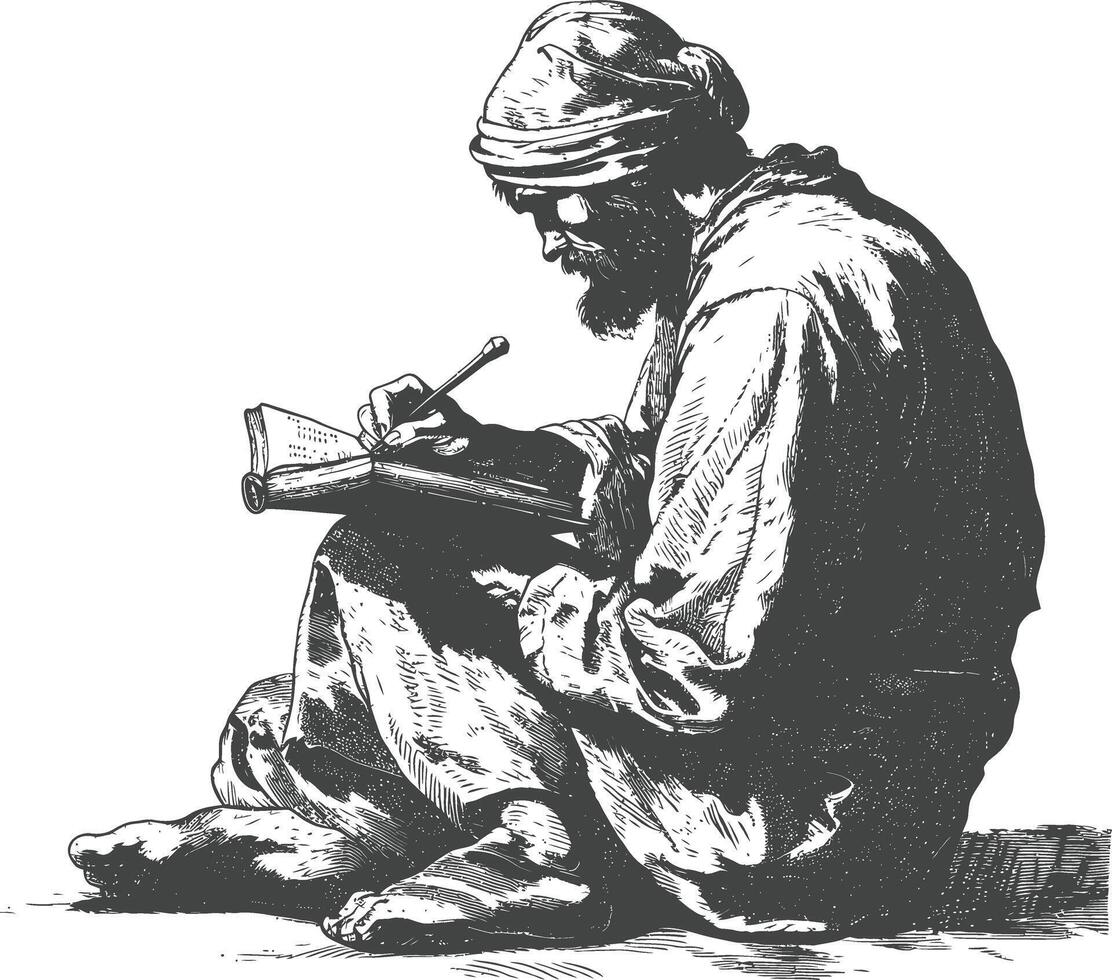 man writing on the book sitting on the ground with engraving style black color only vector