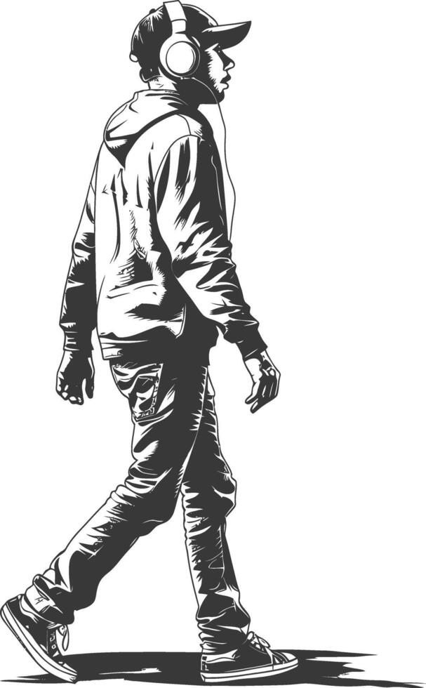 man walking while listening to headset full body with engraving style black color only vector