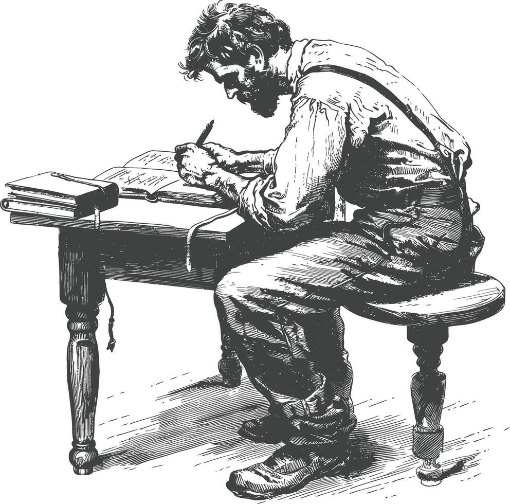 man writing on the book sitting on the desk with engraving style black color only vector