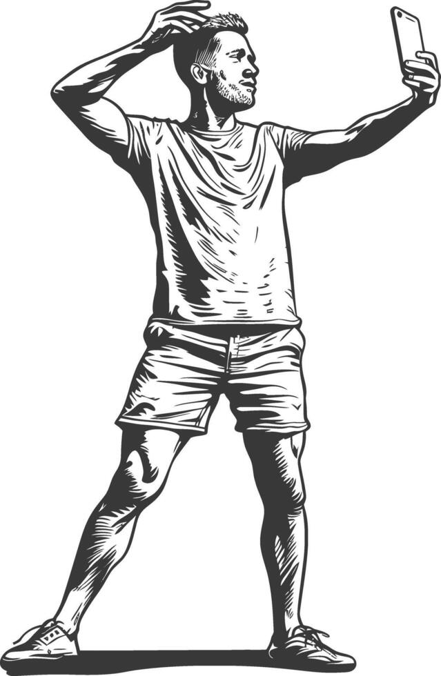 man taking selfie photo on smartphone with poses with engraving style black color only vector