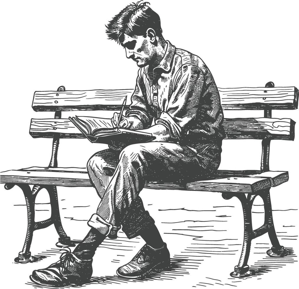 man writing on the book sitting on the park bench with engraving style black color only vector