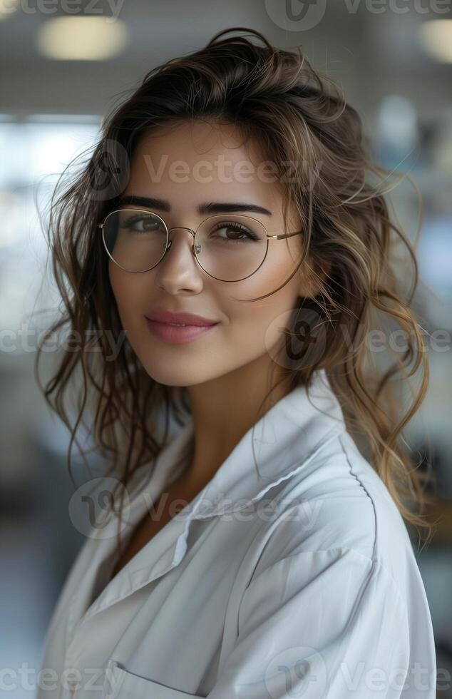 A young Hispanic woman in glasses and a lab coat smiles in a modern laboratory photo