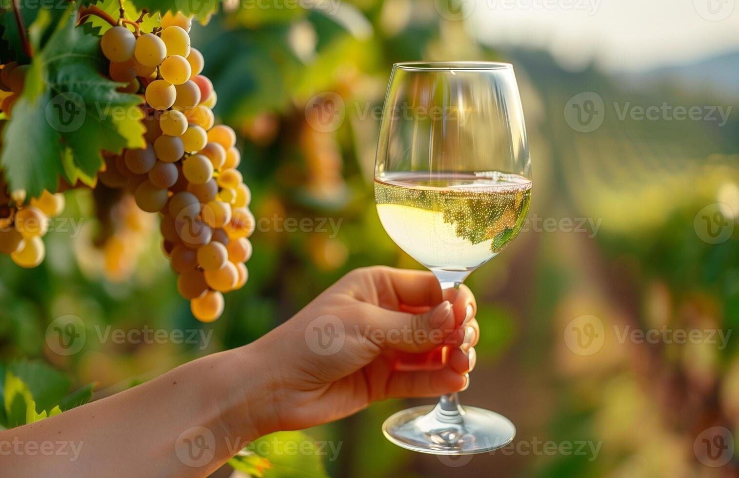 A womans hand delicately holds a glass of white wine amidst lush vineyard grapes photo