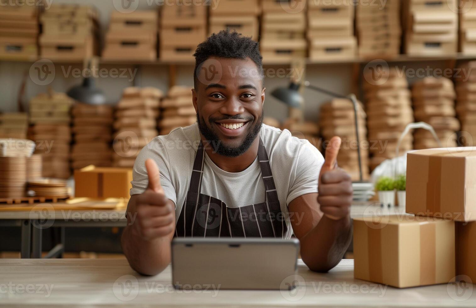 Cheerful Black entrepreneur managing his small business online, packaging orders, and using a tablet for ecommerce photo