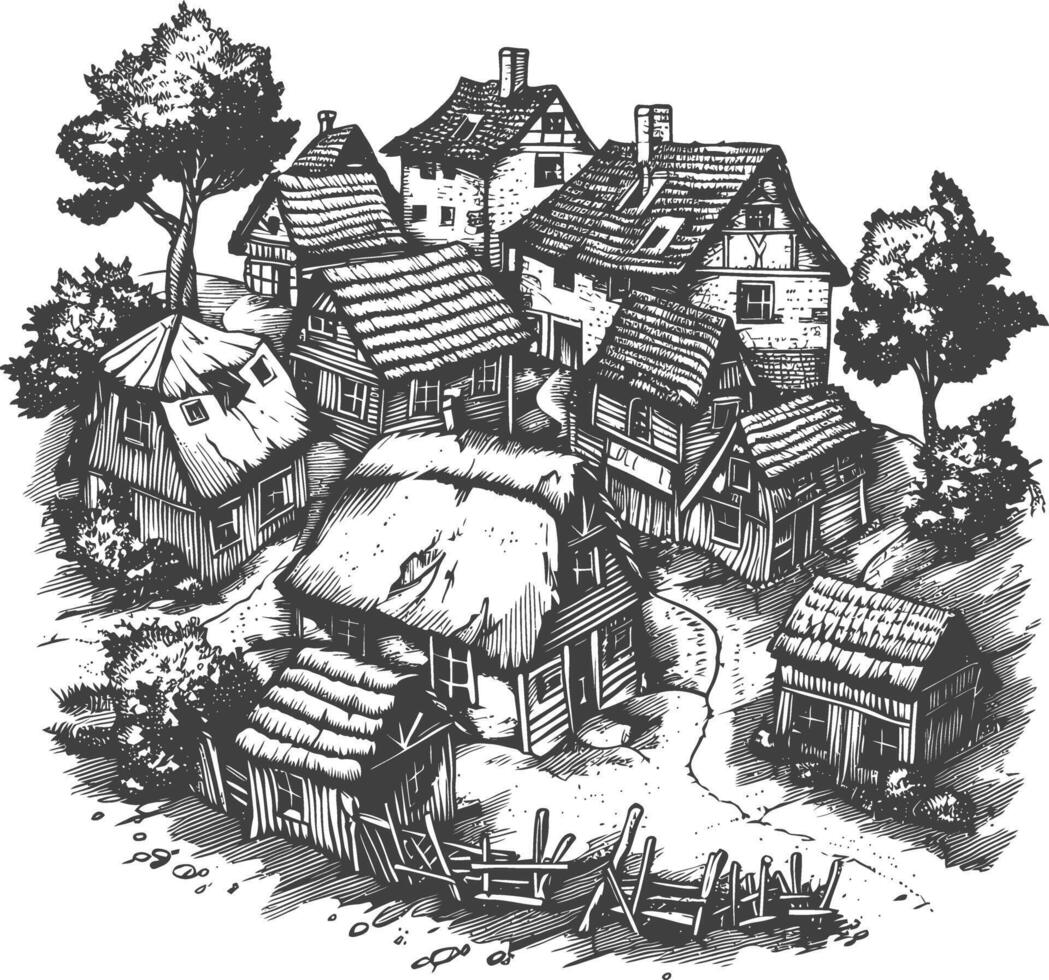 village with engraving style black color only vector