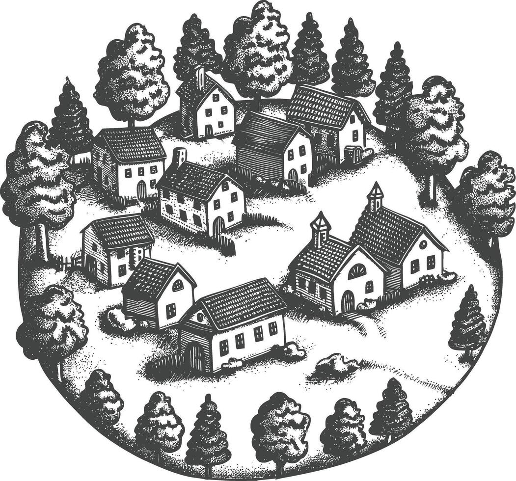 village with engraving style black color only vector