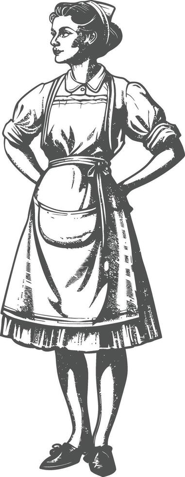 woman in apron with engraving style black color only vector