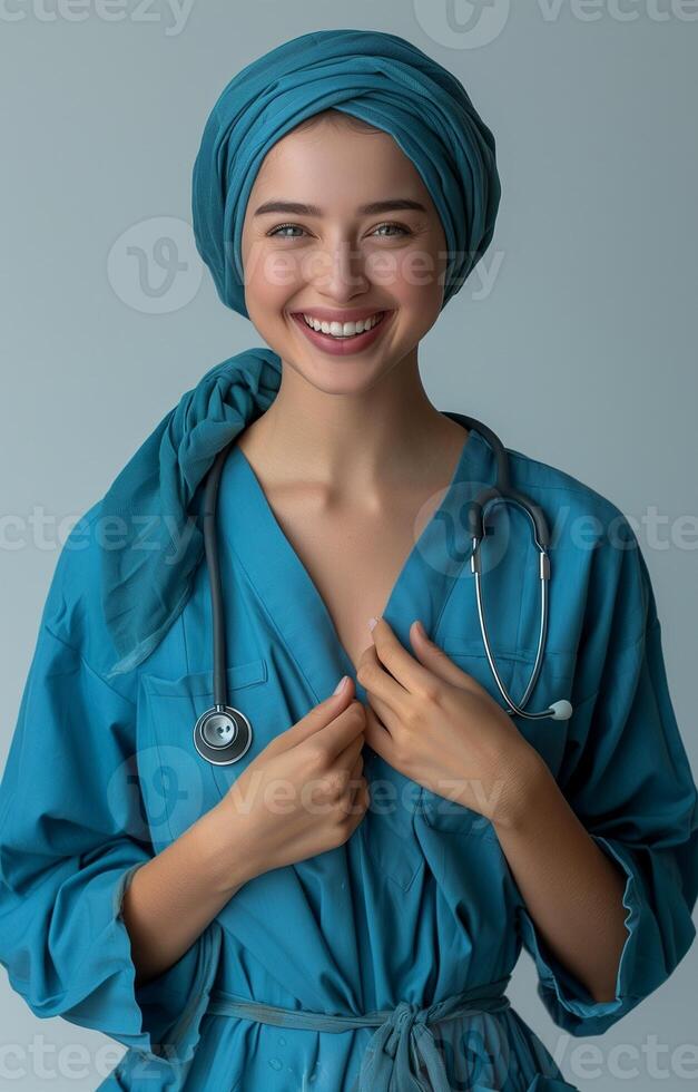 Young nurse in blue scrubs and headscarf, with stethoscope, laughing and touching her chest, white background photo