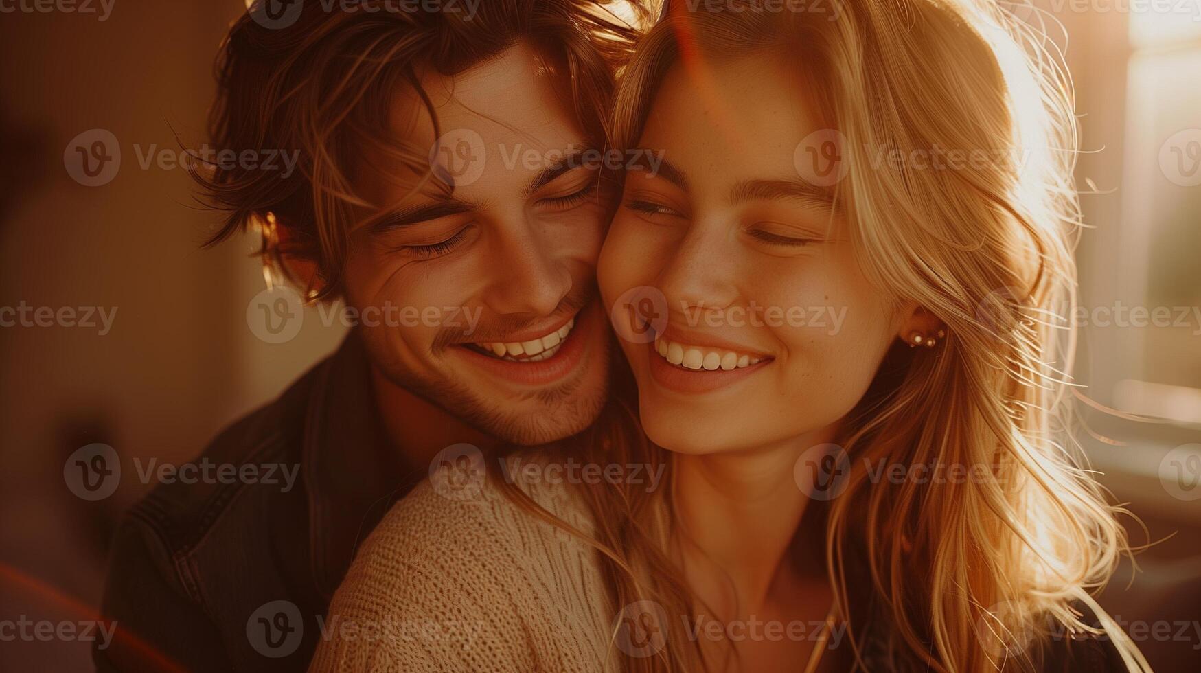 Young couple embracing and laughing in an empty new apartment, symbolizing excitement and new beginnings in real estate photo