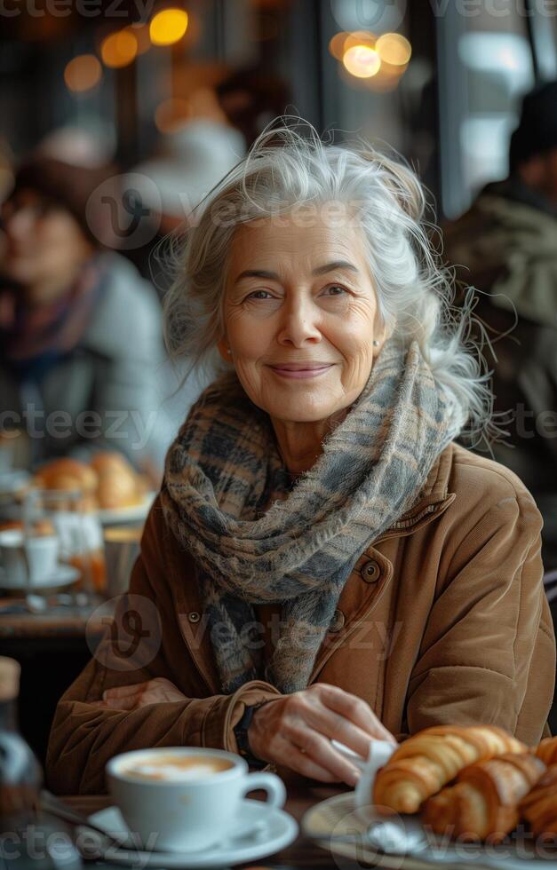 Senior woman smiling with friends, enjoying coffee and croissants at a modern cafe table photo