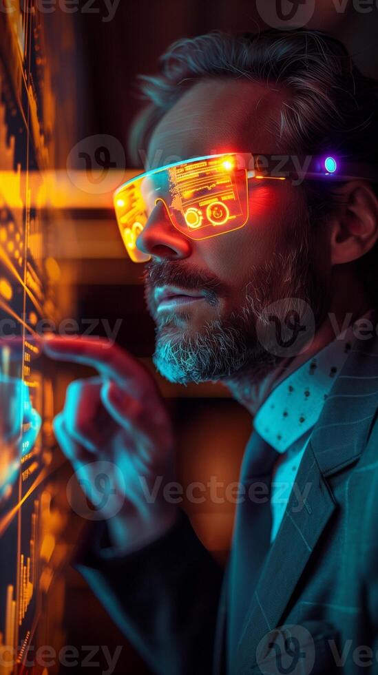 Man in suit and tie with LED lit smart glasses pointing at interactive screen showing graphs, charts, data photo
